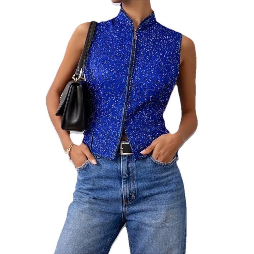 Vtg 90s Y2k‎ Silk Beaded Royal Blue Blouse Mandarin Collar Sz 8 Glam Sue Brett